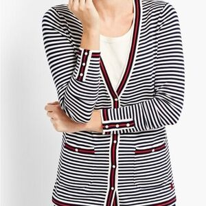 Talbots Navy and White Striped Cardigan